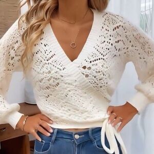 Chic Cream V-Neck Crochet Wrap Cardigan